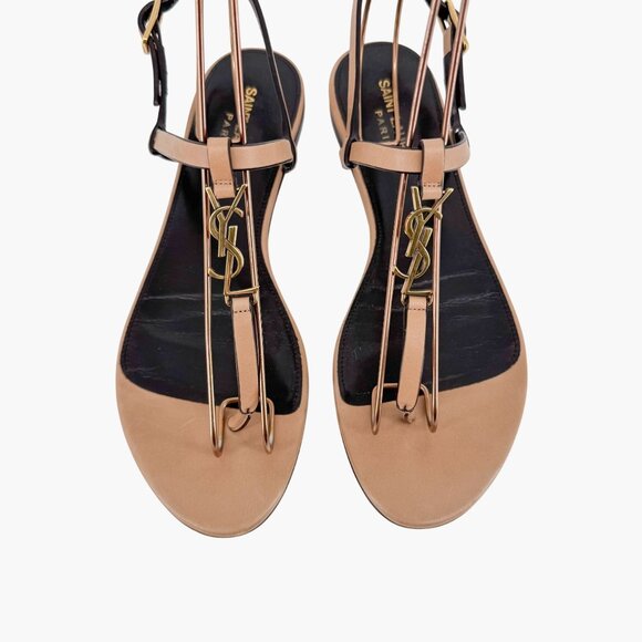 Saint Laurent Cassandra YSL T-Strap Flat Sandals Tan Leather Size 37 US 7 Women - Picture 4 of 15